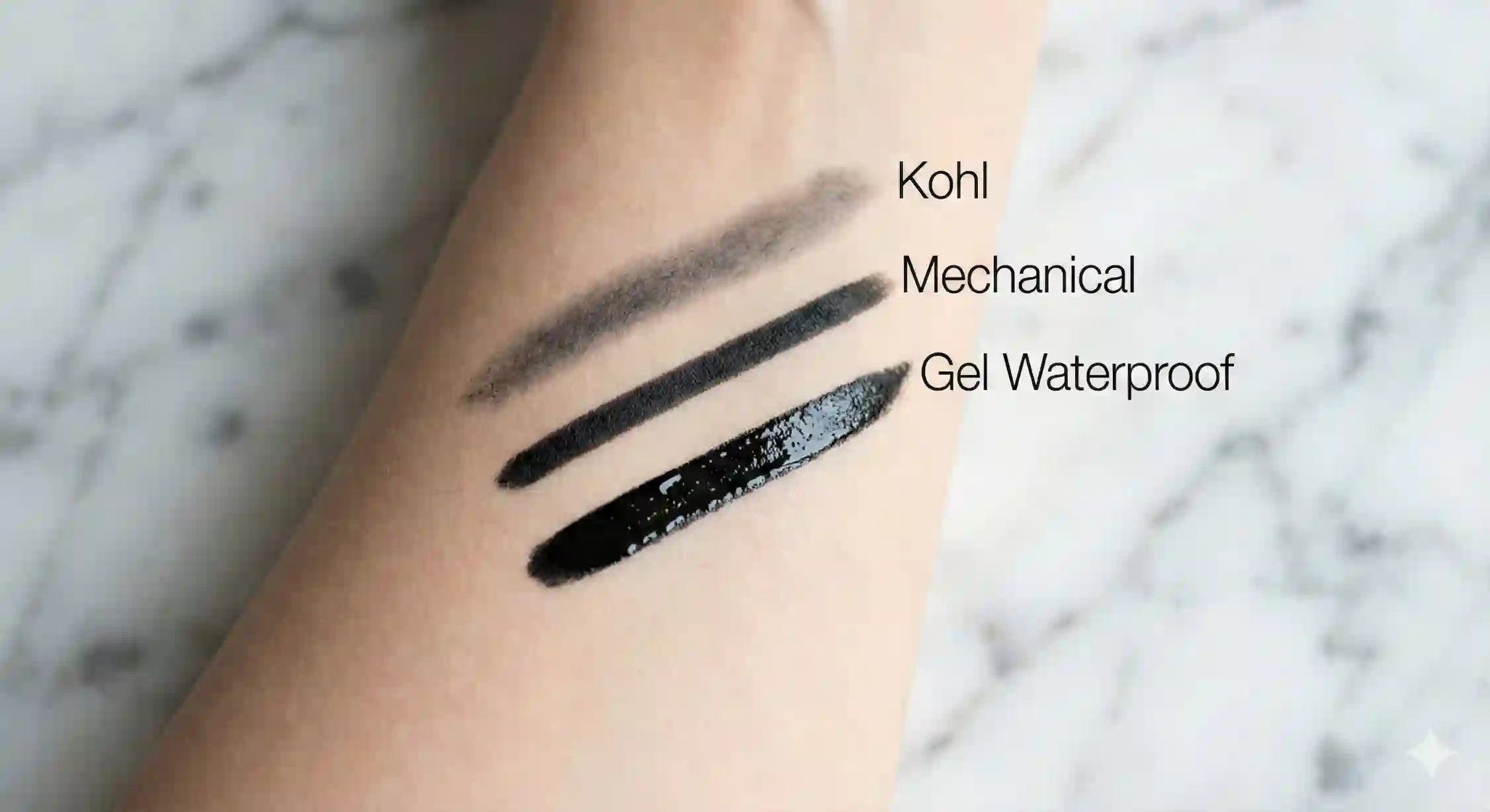 تست رنگ و غلظت انواع مداد چشم مشکی و ژلی روی پوست.